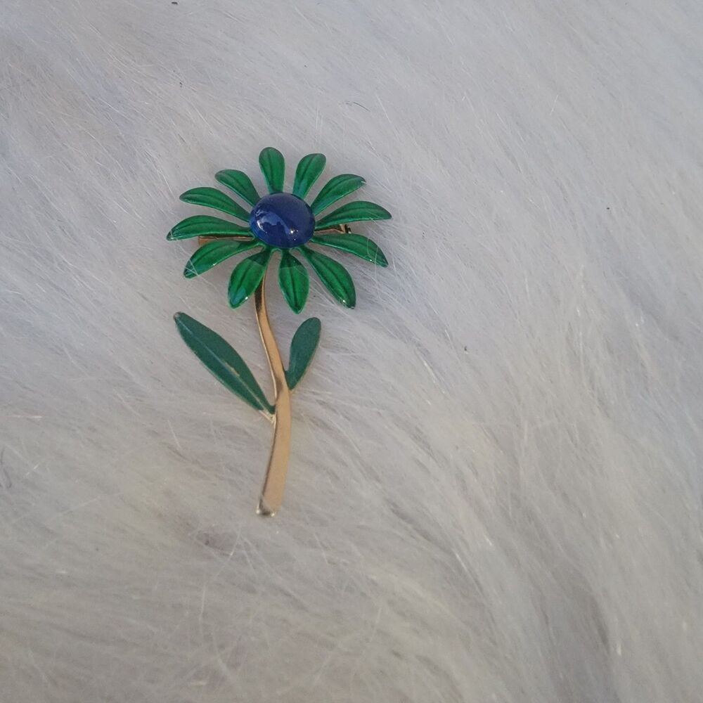 Vintage Blue & Green Enamel Metal Daisy Flower Pin Brooch Retro Hippy Mod 60s